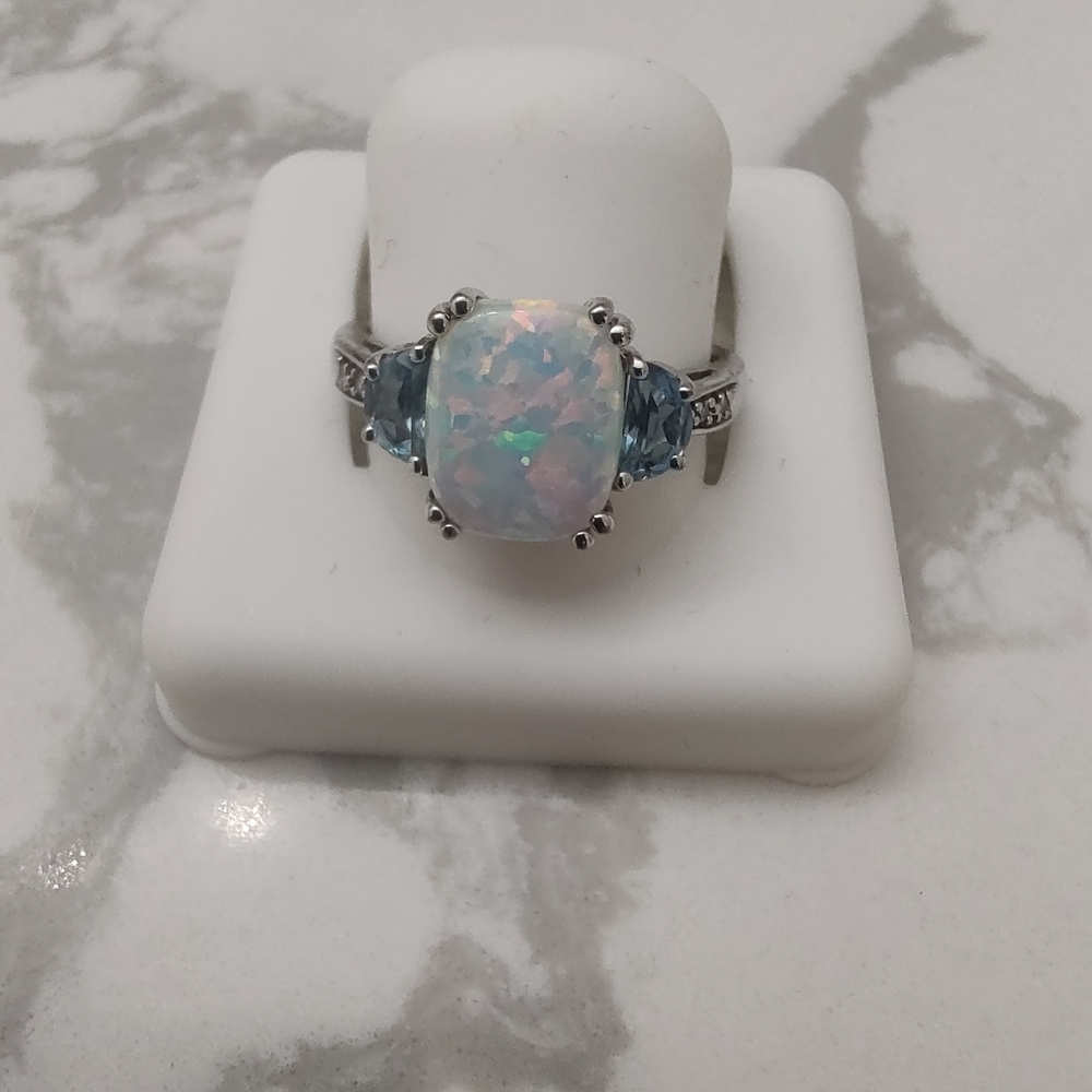 Elegant Sterling Silver Opal and Blue Topaz Gemstone Ring